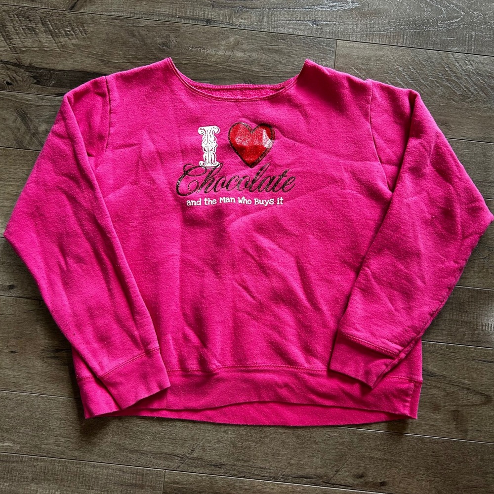 Y2K Pink I Heart Chocolate Graphic Sweatshirt Women L Funny Pullover